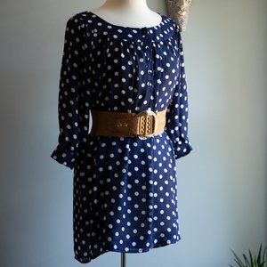 EUC Blue White Polka Dot Smock Dress w/ Removable Belt